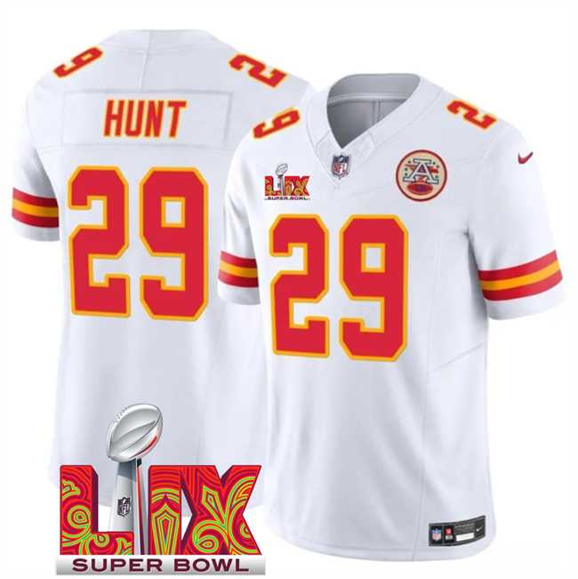 Men & Women & Youth Kansas City Chiefs #29 Kareem Hunt White 2025 Super Bowl LIX Patch F.U.S.E. Vapor Limited Stitched Jersey